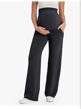 Black Wide-Leg Maternity Pants with Supportive Panel